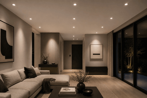 Moderner Wohnraum mit energieeffizienten Deckeneinbauleuchten und gleichmässiger indirekter Beleuchtung bei Nacht.